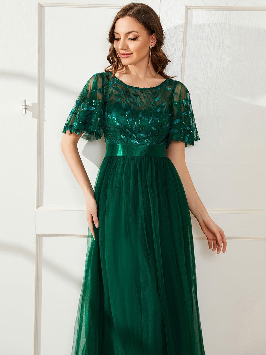 Taille personnalisée Robes de soirée brodées à manches courtes pour femmes #Couleur_Vert Fonce
