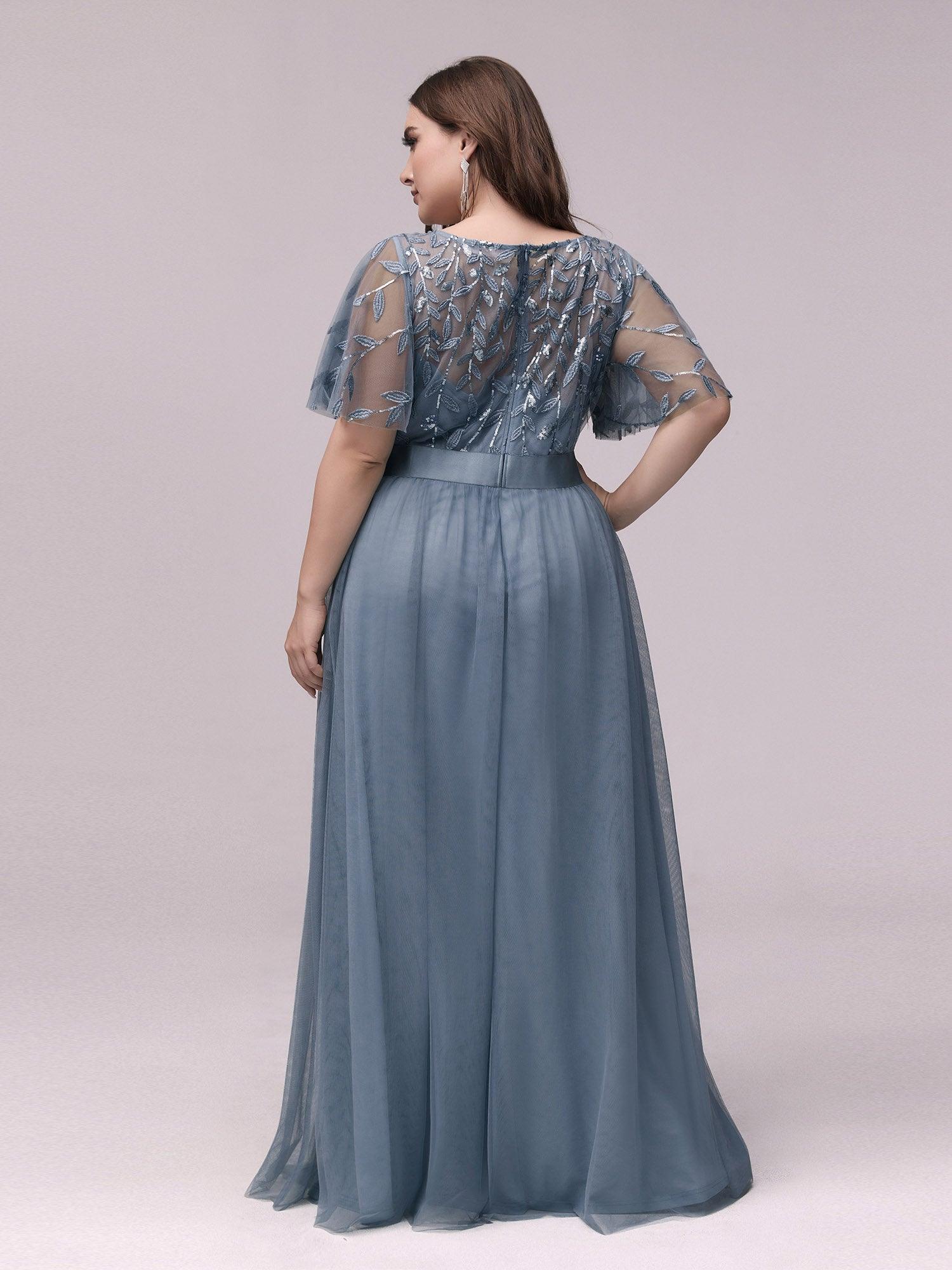 Taille personnalisée Robes de soirée brodées à manches courtes pour femmes #Couleur_Marine Fume