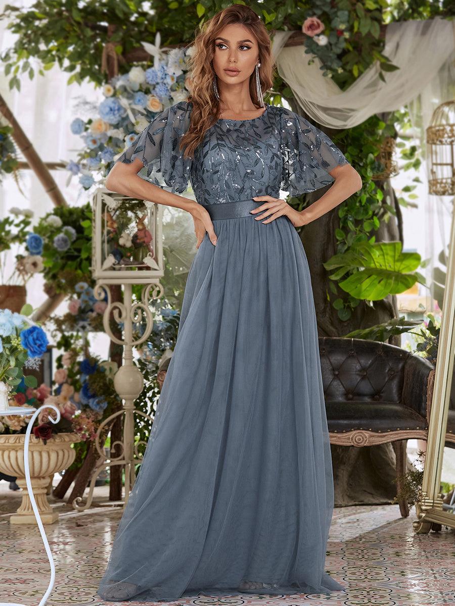 Taille personnalisée Robes de soirée brodées à manches courtes pour femmes #Couleur_Marine poussiéreuse
