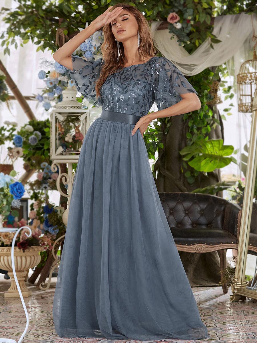 Taille personnalisée Robes de soirée brodées à manches courtes pour femmes #Couleur_Marine Fume
