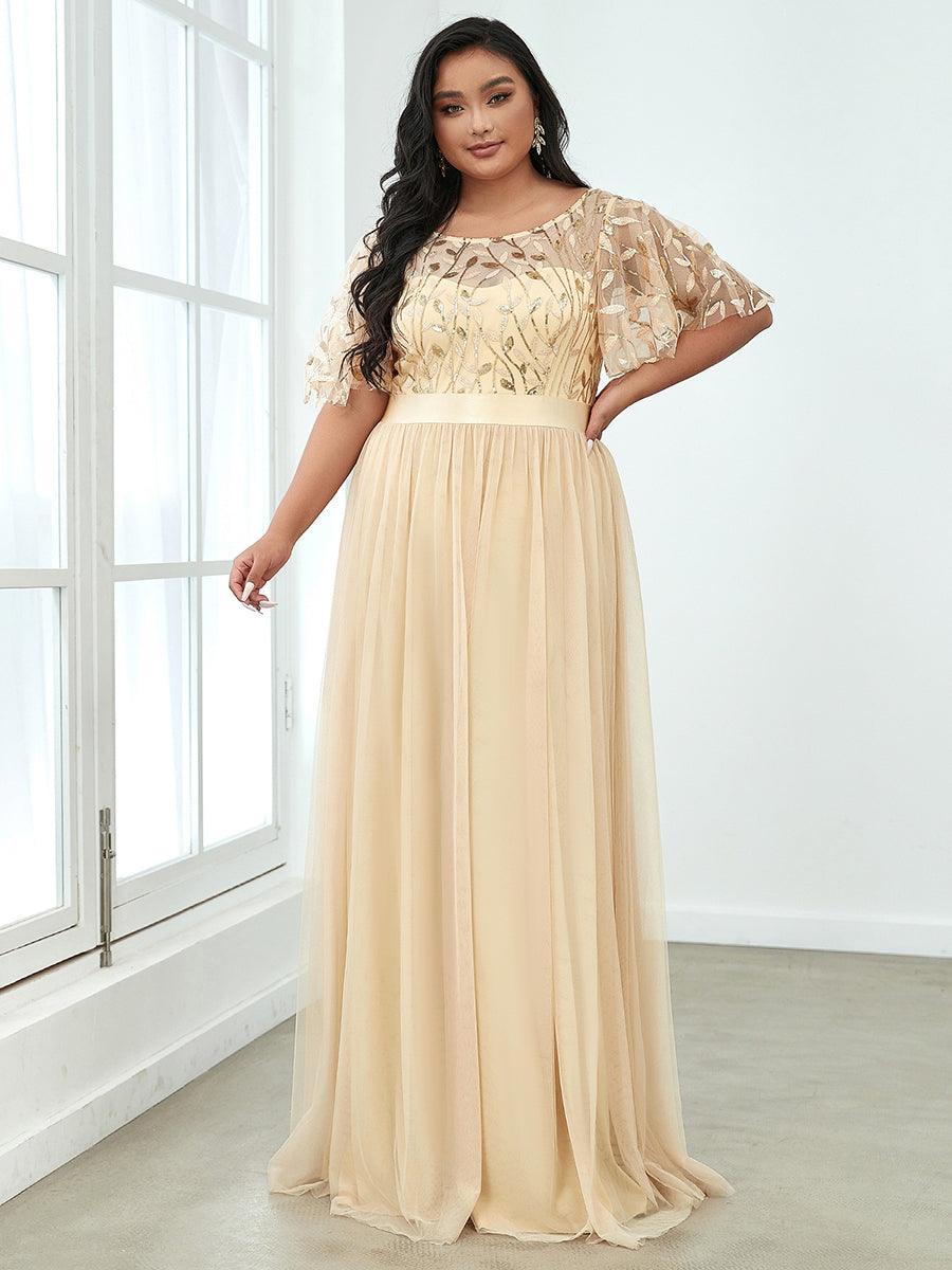 Taille personnalisée Robes de soirée brodées à manches courtes pour femmes #Couleur_Or