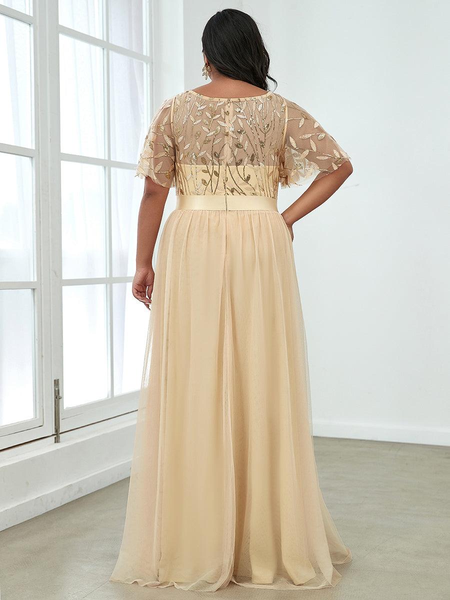 Taille personnalisée Robes de soirée brodées à manches courtes pour femmes #Couleur_Or