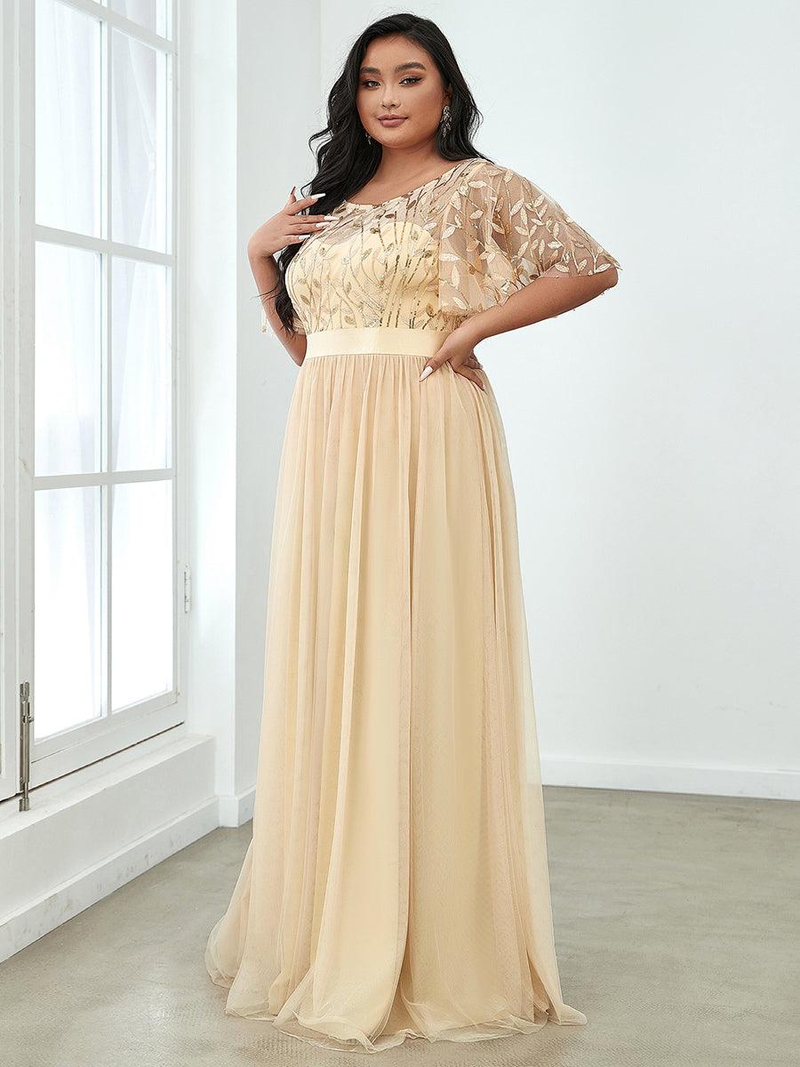 Taille personnalisée Robes de soirée brodées à manches courtes pour femmes #Couleur_Or