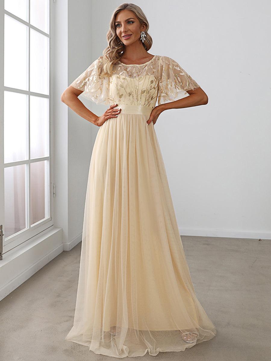 Taille personnalisée Robes de soirée brodées à manches courtes pour femmes #Couleur_Or