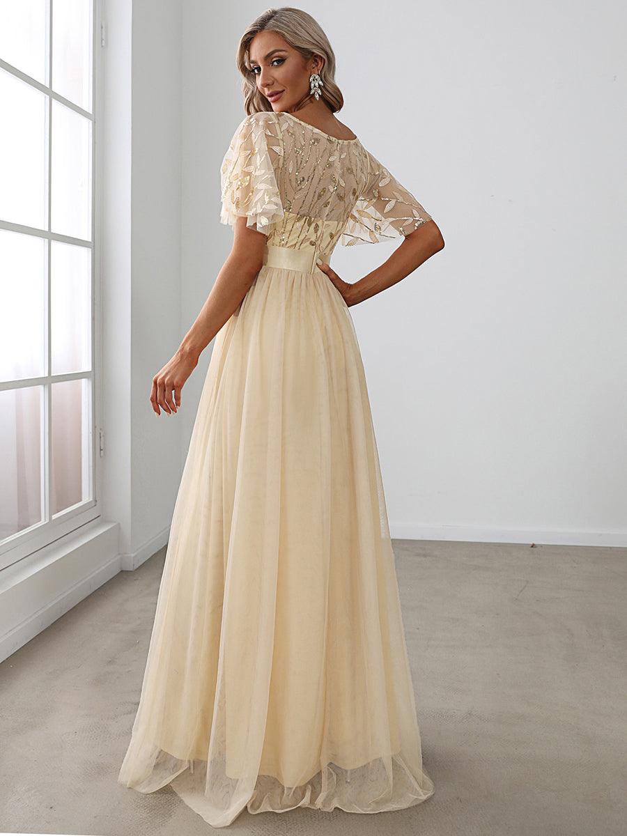 Taille personnalisée Robes de soirée brodées à manches courtes pour femmes #Couleur_Or