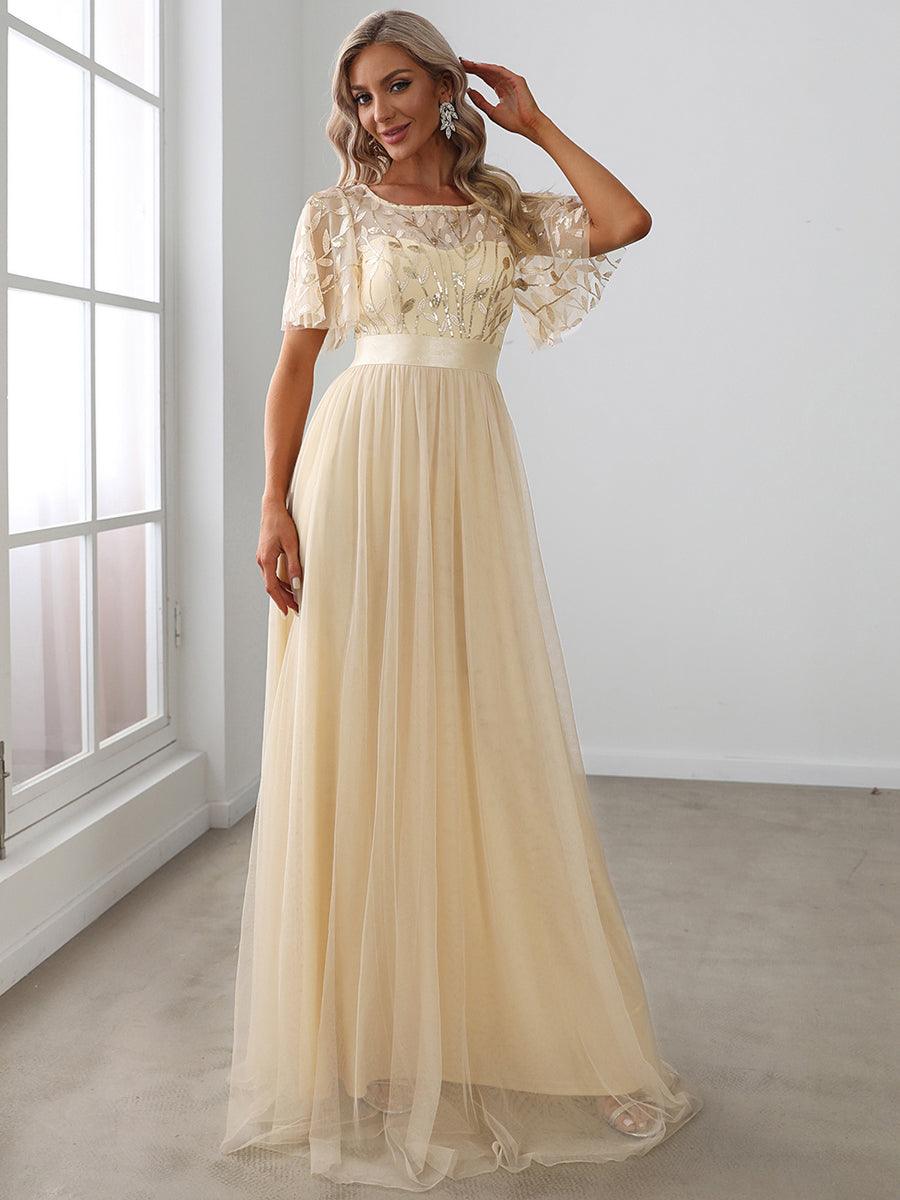Taille personnalisée Robes de soirée brodées à manches courtes pour femmes #Couleur_Or