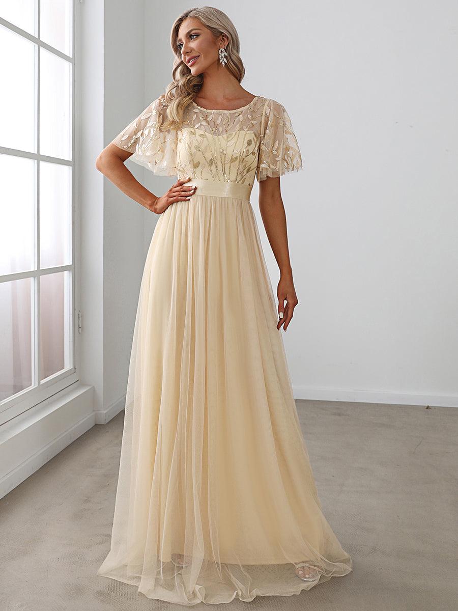 Taille personnalisée Robes de soirée brodées à manches courtes pour femmes #Couleur_Or