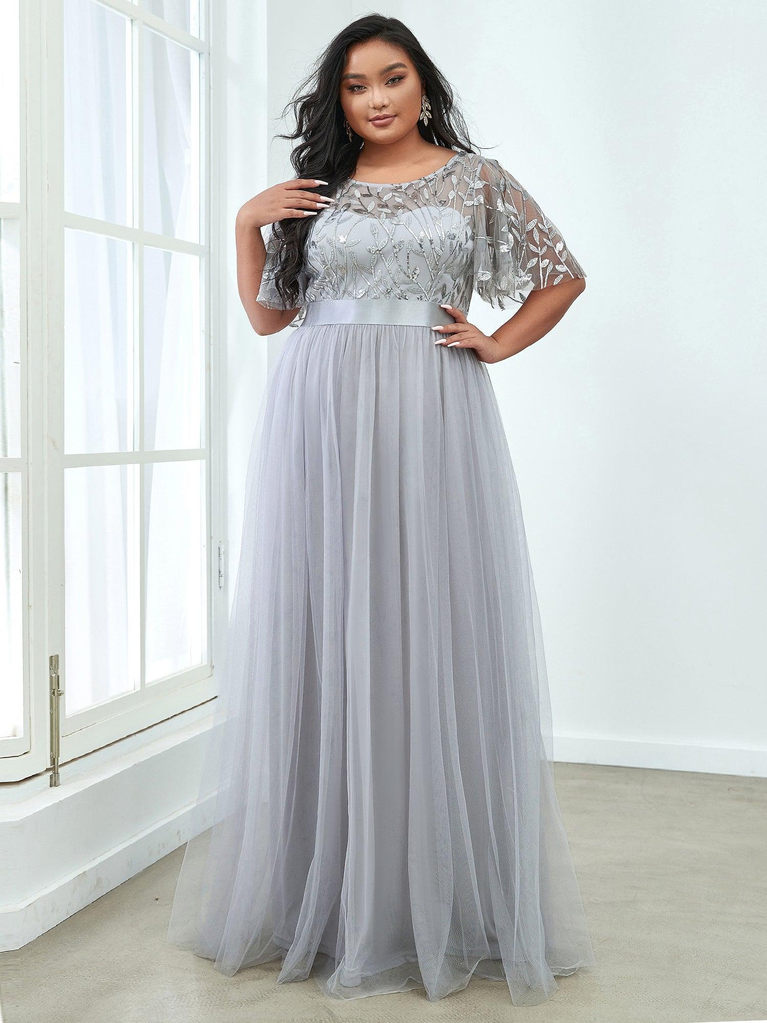 Taille personnalisée Robes de soirée brodées à manches courtes pour femmes #Couleur_Gris