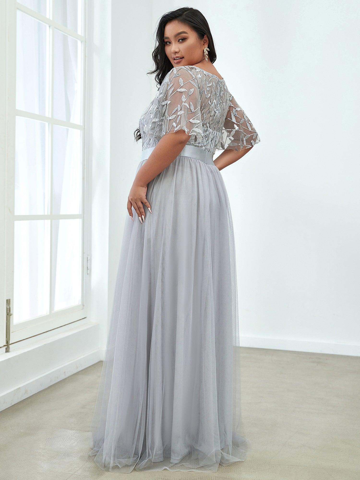 Taille personnalisée Robes de soirée brodées à manches courtes pour femmes #Couleur_Gris