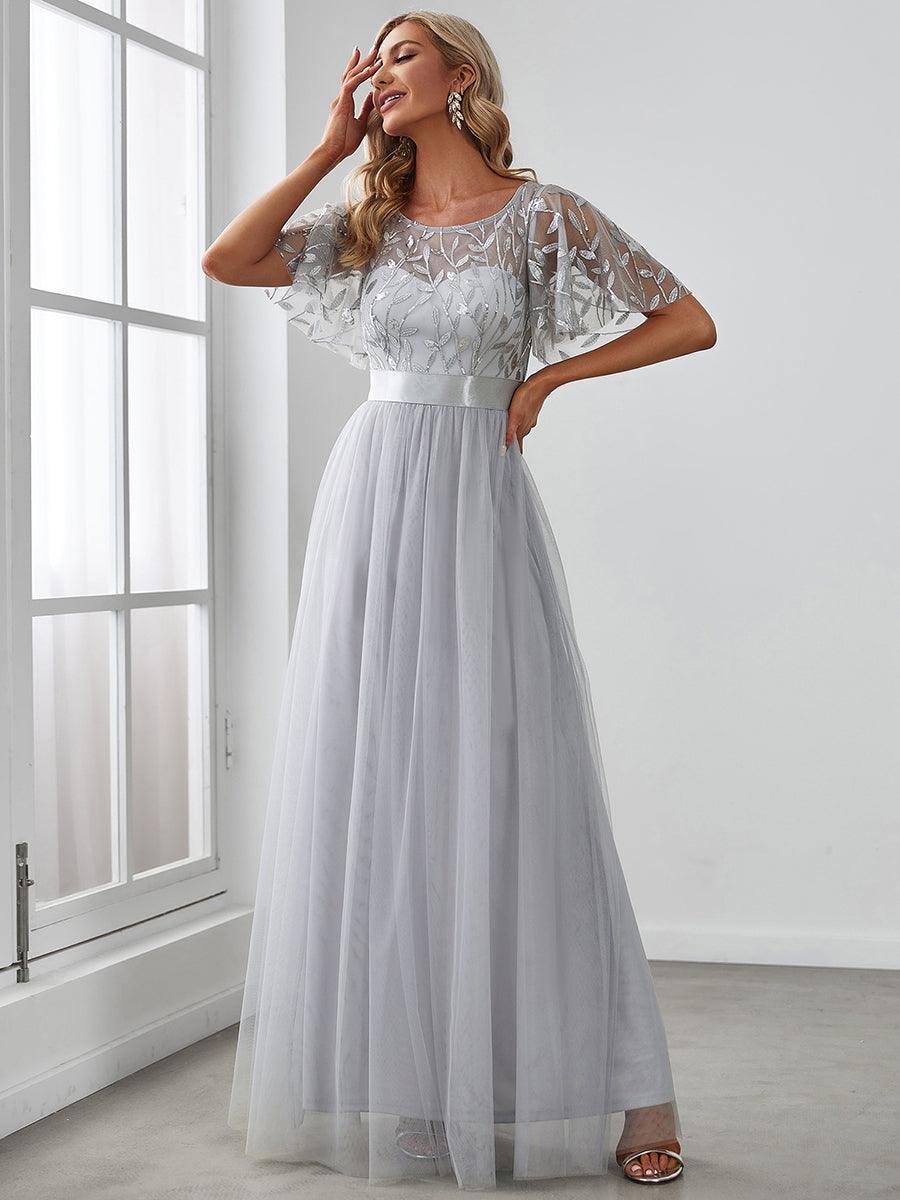 Taille personnalisée Robes de soirée brodées à manches courtes pour femmes #Couleur_Gris
