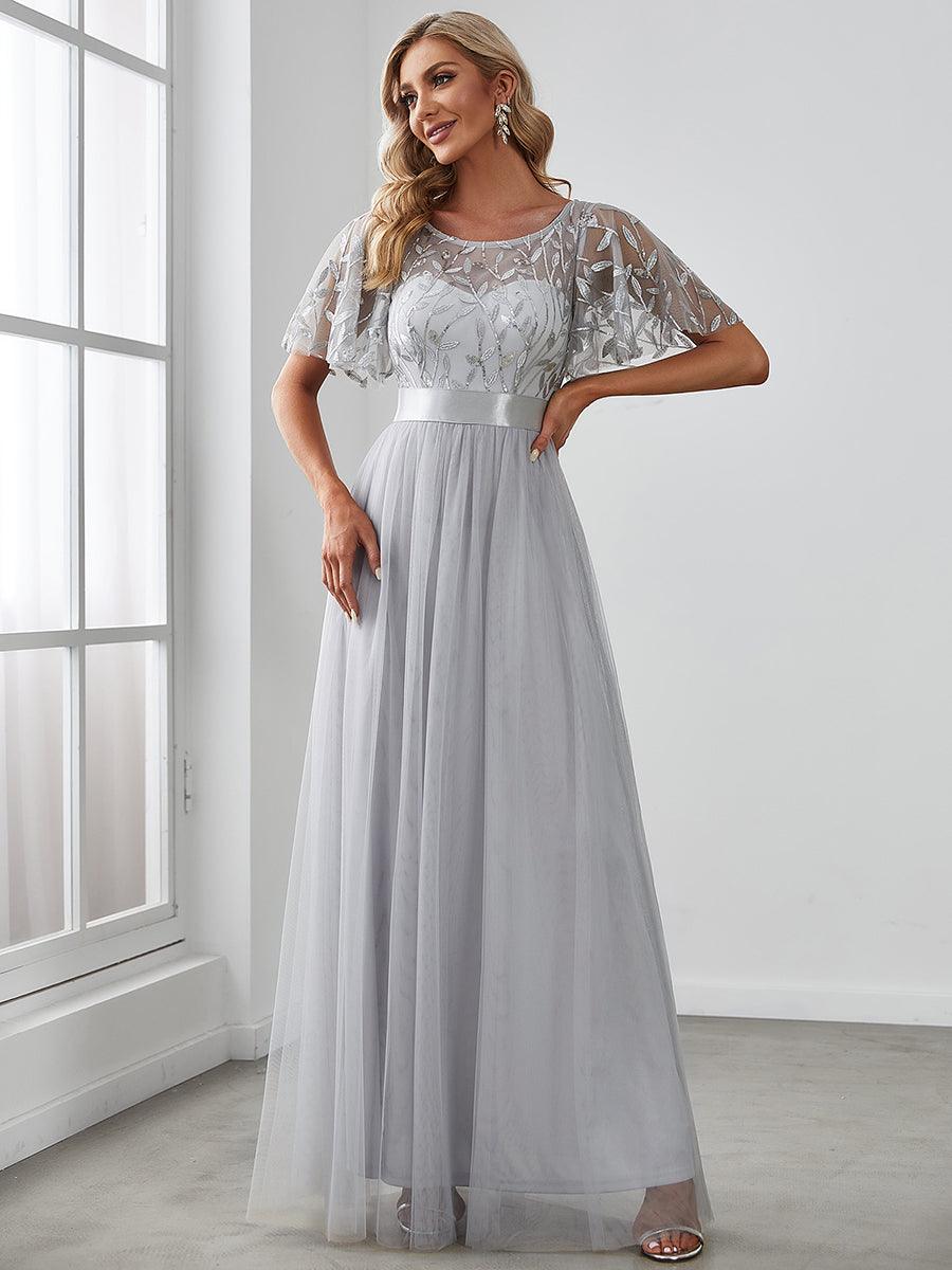 Taille personnalisée Robes de soirée brodées à manches courtes pour femmes #Couleur_Gris
