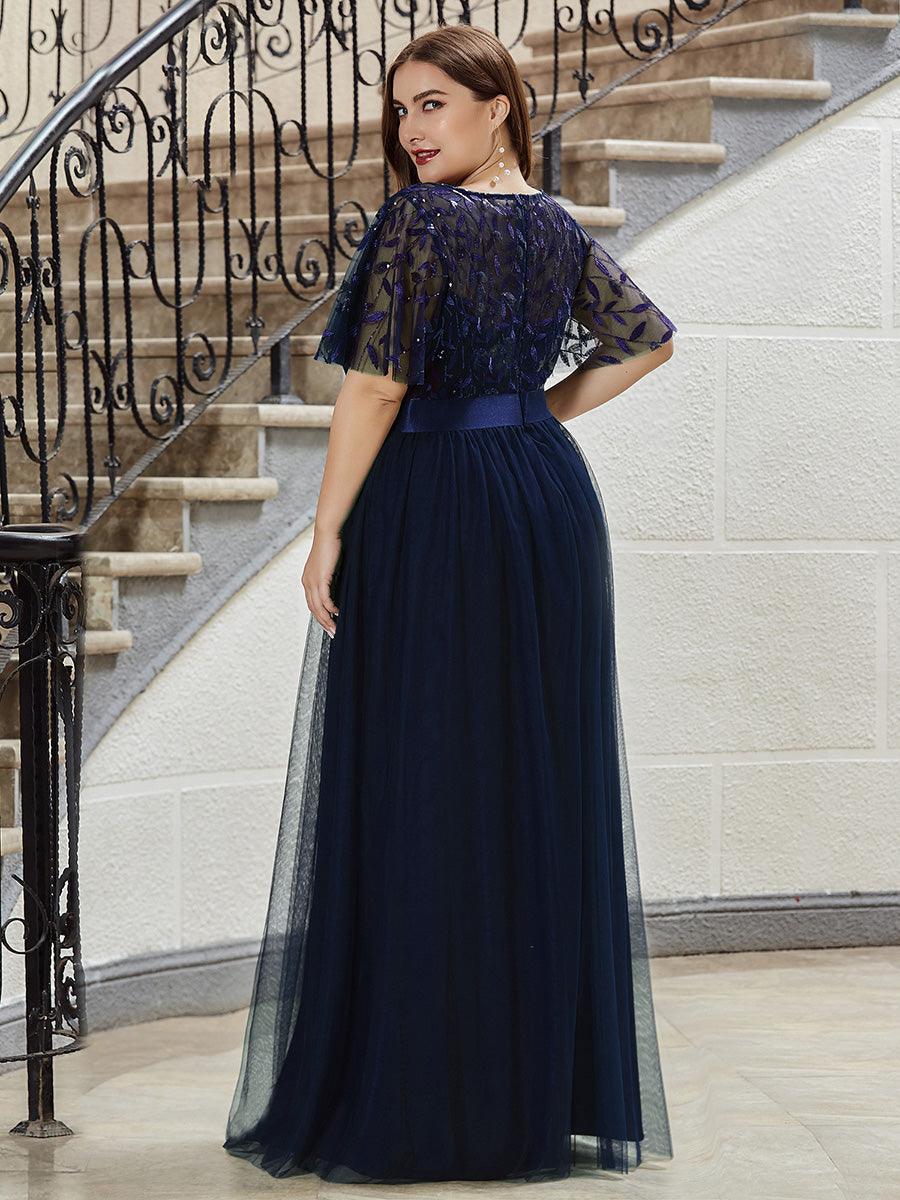 Taille personnalisée Robes de soirée brodées à manches courtes pour femmes #Couleur_Bleu Marine