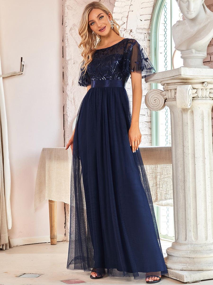 Taille personnalisée Robes de soirée brodées à manches courtes pour femmes #Couleur_Bleu Marine