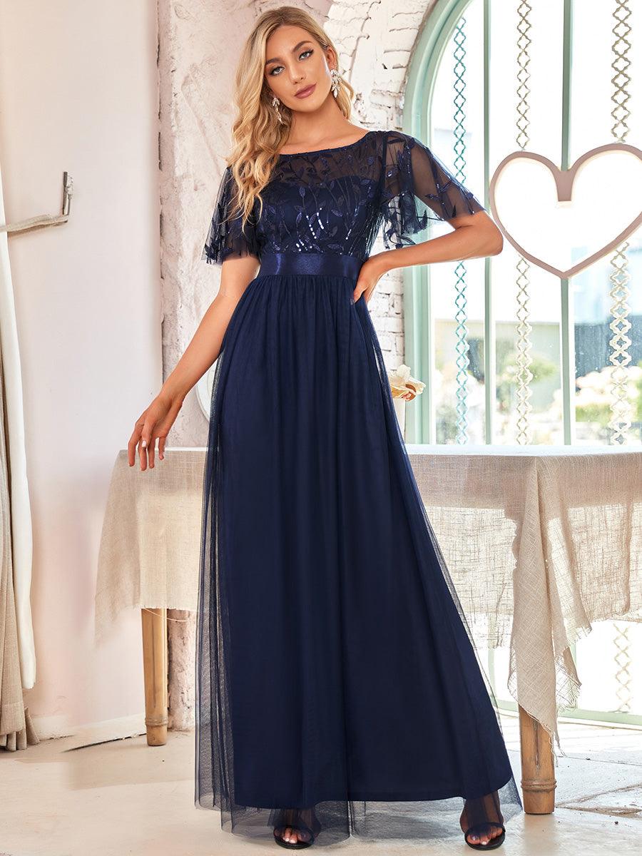 Taille personnalisée Robes de soirée brodées à manches courtes pour femmes #Couleur_Bleu Marine