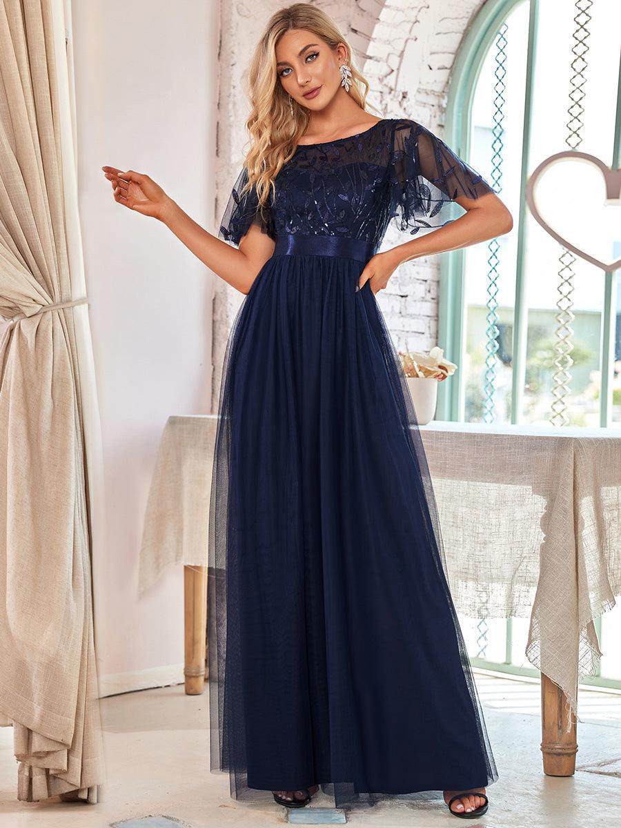 Taille personnalisée Robes de soirée brodées à manches courtes pour femmes #Couleur_Bleu Marine