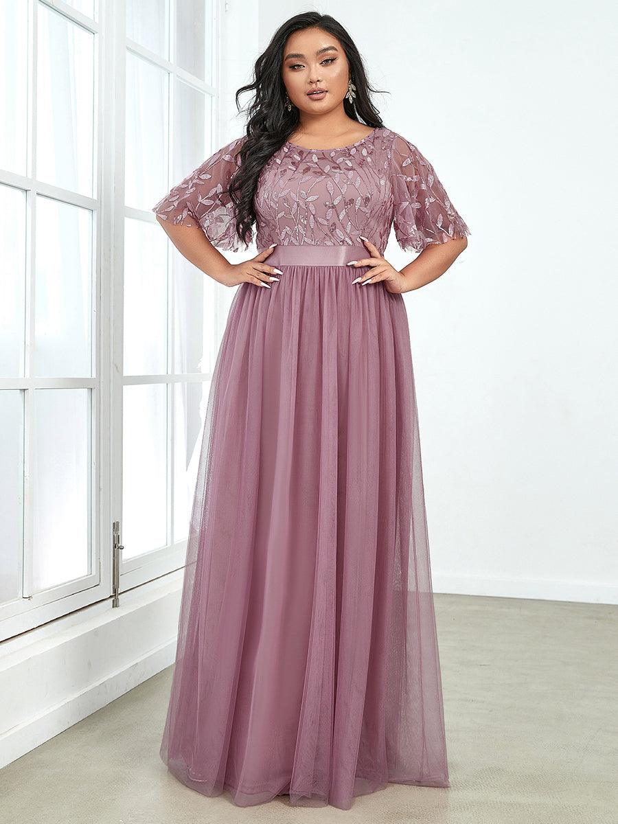 Taille personnalisée Robes de soirée brodées à manches courtes pour femmes #Couleur_Orchidee