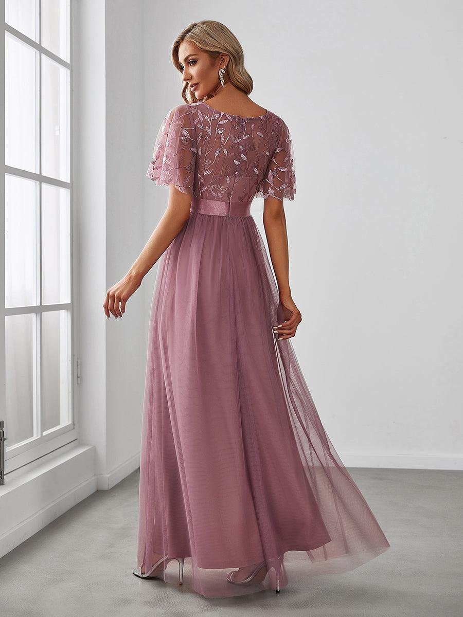 Taille personnalisée Robes de soirée brodées à manches courtes pour femmes #Couleur_Orchidee