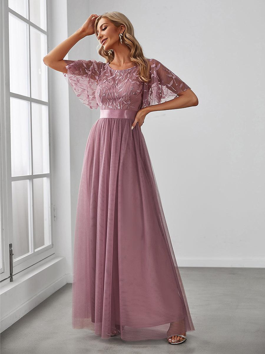 Taille personnalisée Robes de soirée brodées à manches courtes pour femmes #Couleur_Orchidee