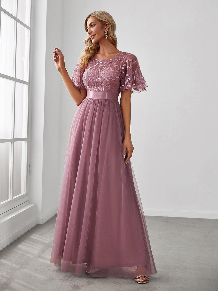 Taille personnalisée Robes de soirée brodées à manches courtes pour femmes #Couleur_Orchidee