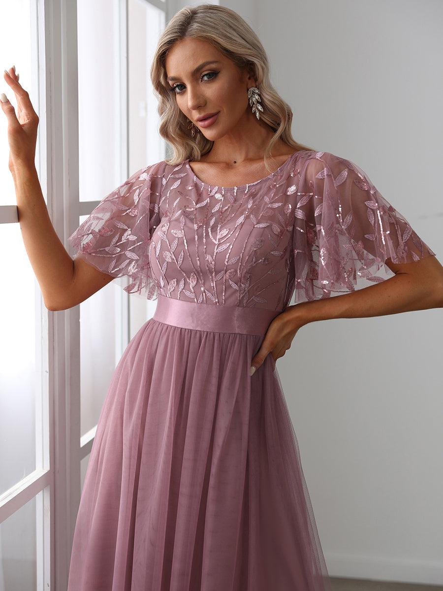 Taille personnalisée Robes de soirée brodées à manches courtes pour femmes #Couleur_Orchidee