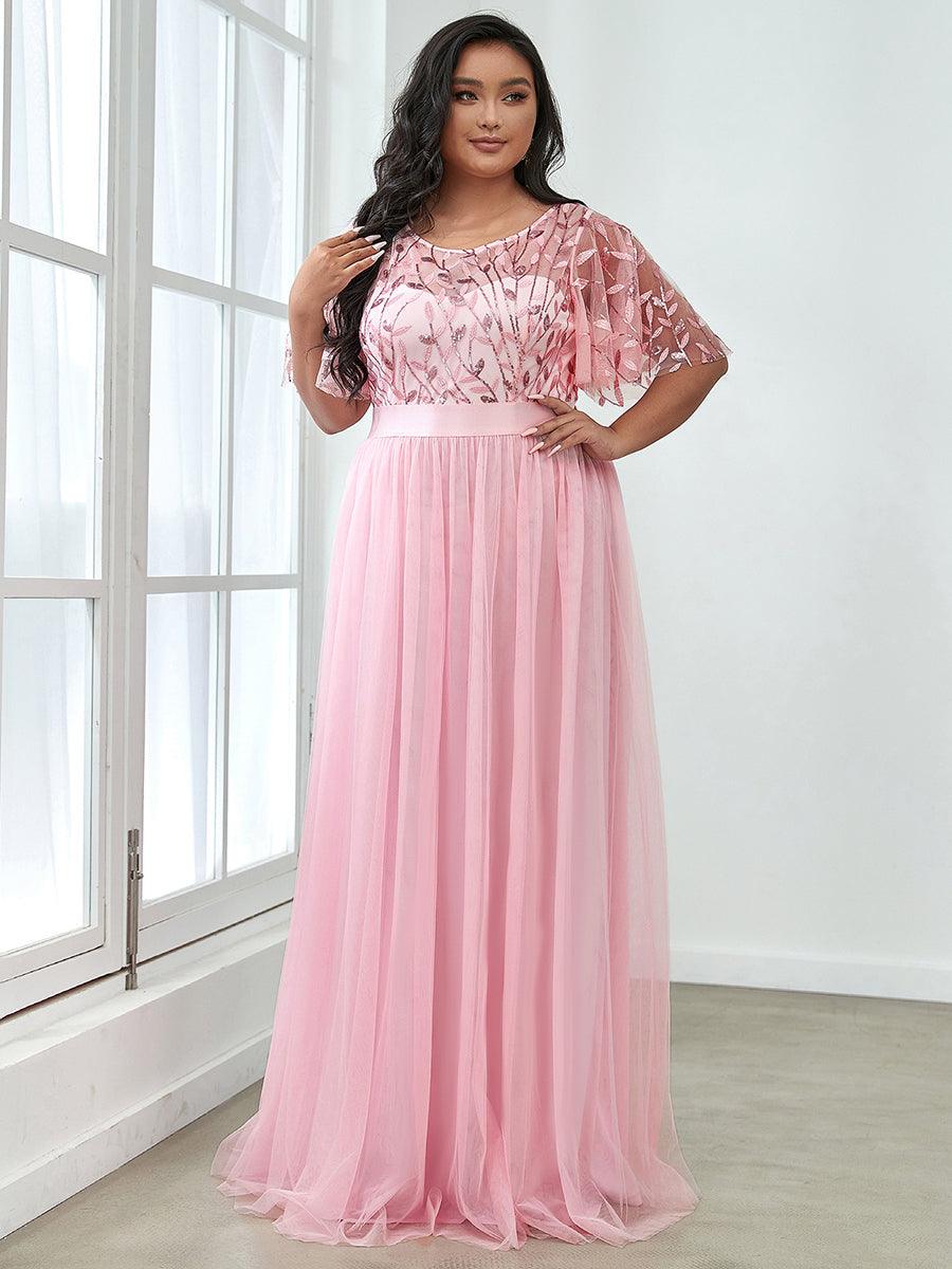 Taille personnalisée Robes de soirée brodées à manches courtes pour femmes #Couleur_Rose