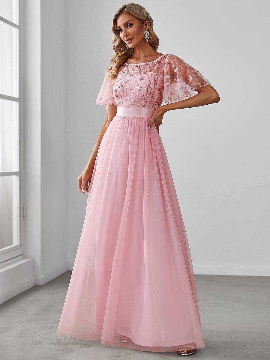 Taille personnalisée Robes de soirée brodées à manches courtes pour femmes #Couleur_Rose