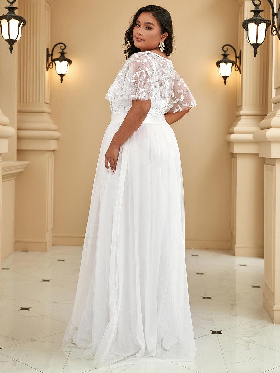 Taille personnalisée Robes de soirée brodées à manches courtes pour femmes #Couleur_Blanc