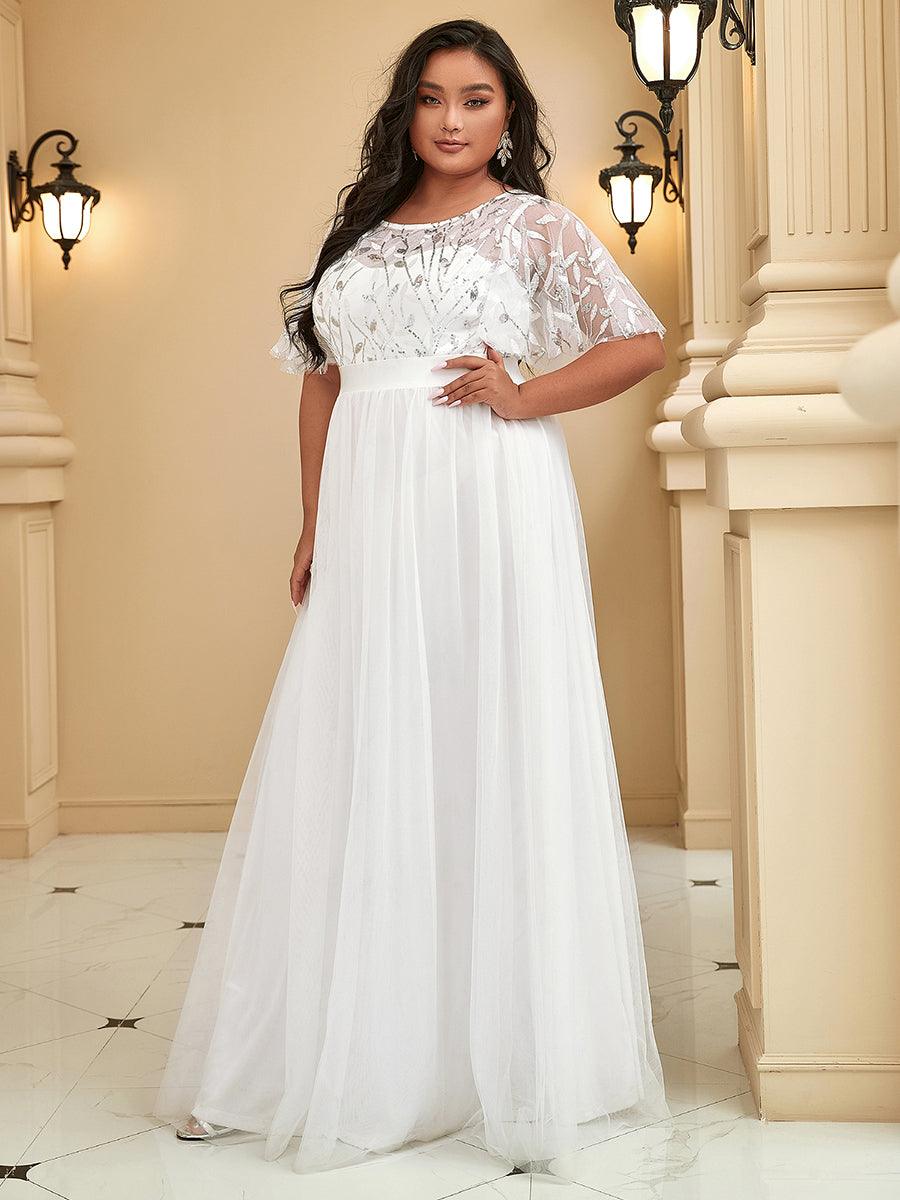 Taille personnalisée Robes de soirée brodées à manches courtes pour femmes #Couleur_Blanc