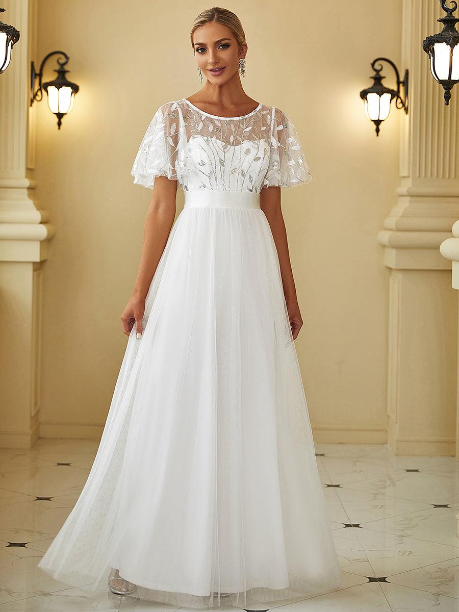 Taille personnalisée Robes de soirée brodées à manches courtes pour femmes #Couleur_Blanc