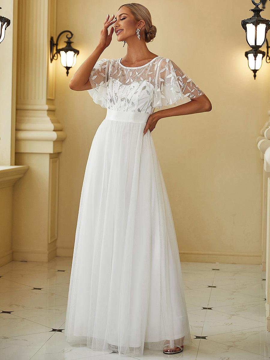 Taille personnalisée Robes de soirée brodées à manches courtes pour femmes #Couleur_Blanc