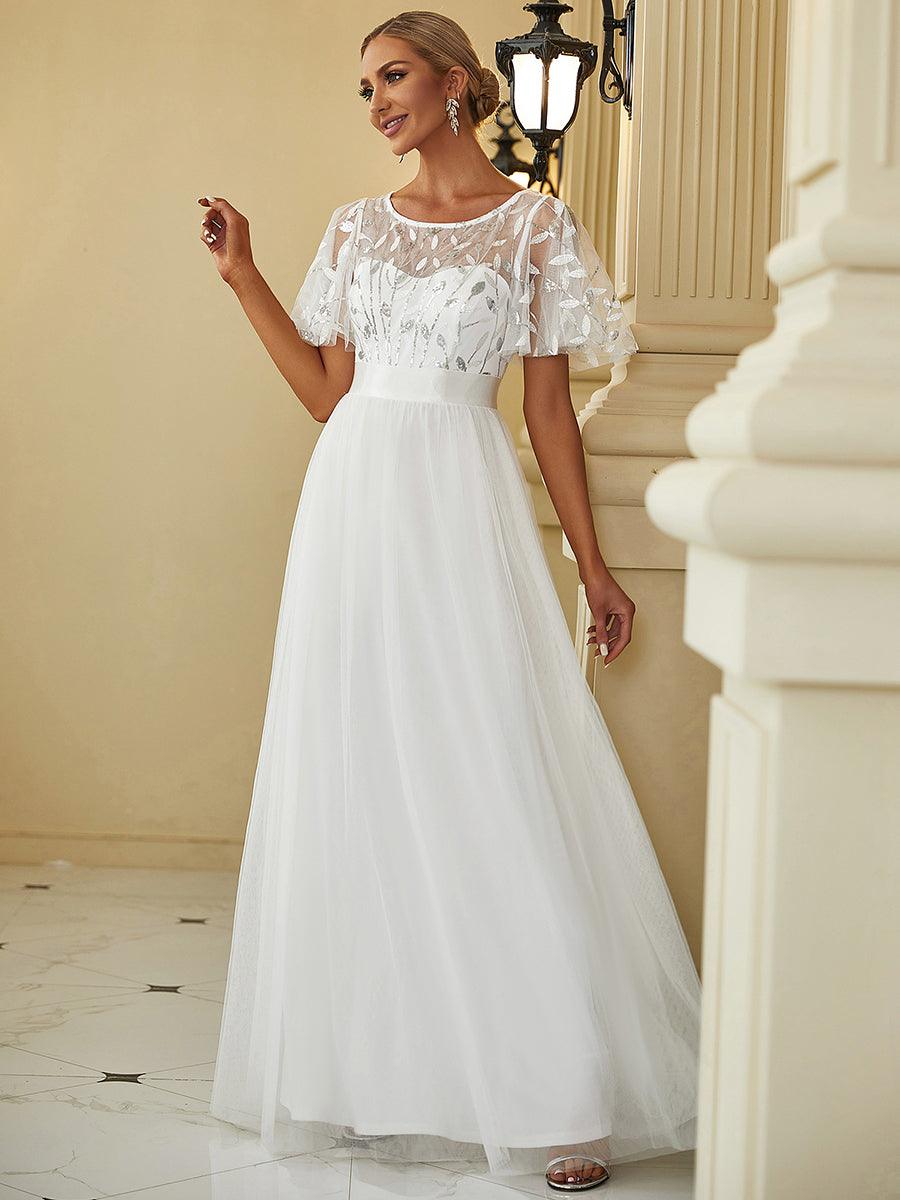 Taille personnalisée Robes de soirée brodées à manches courtes pour femmes #Couleur_Blanc