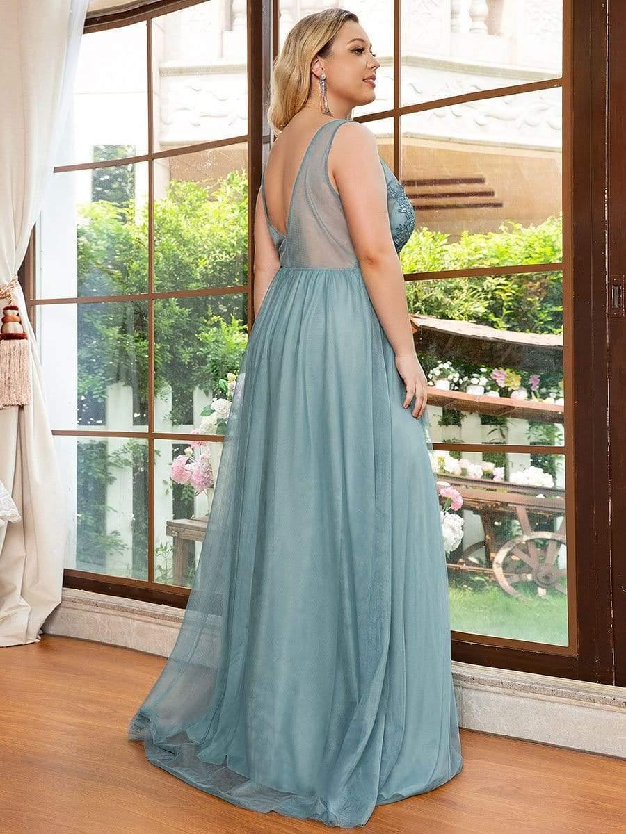 Robe de demoiselle d'honneur avec appliques en dentelle florale et col en V pour femmes de grande taille #Couleur_Bleu Fume