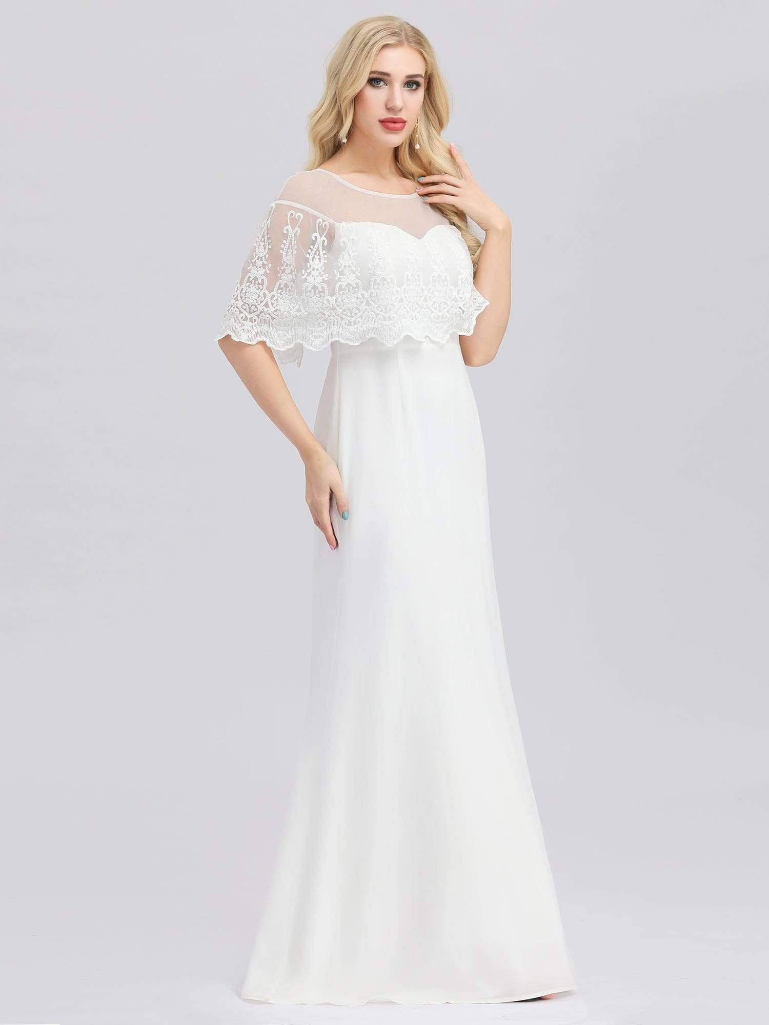 Robe de Mariée avec Col en Cœur Transparant et Manches à Volants