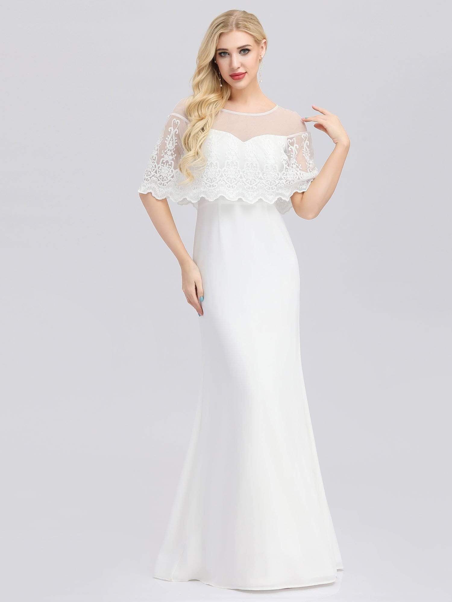 Robe de Mariée avec Col en Cœur Transparant et Manches à Volants