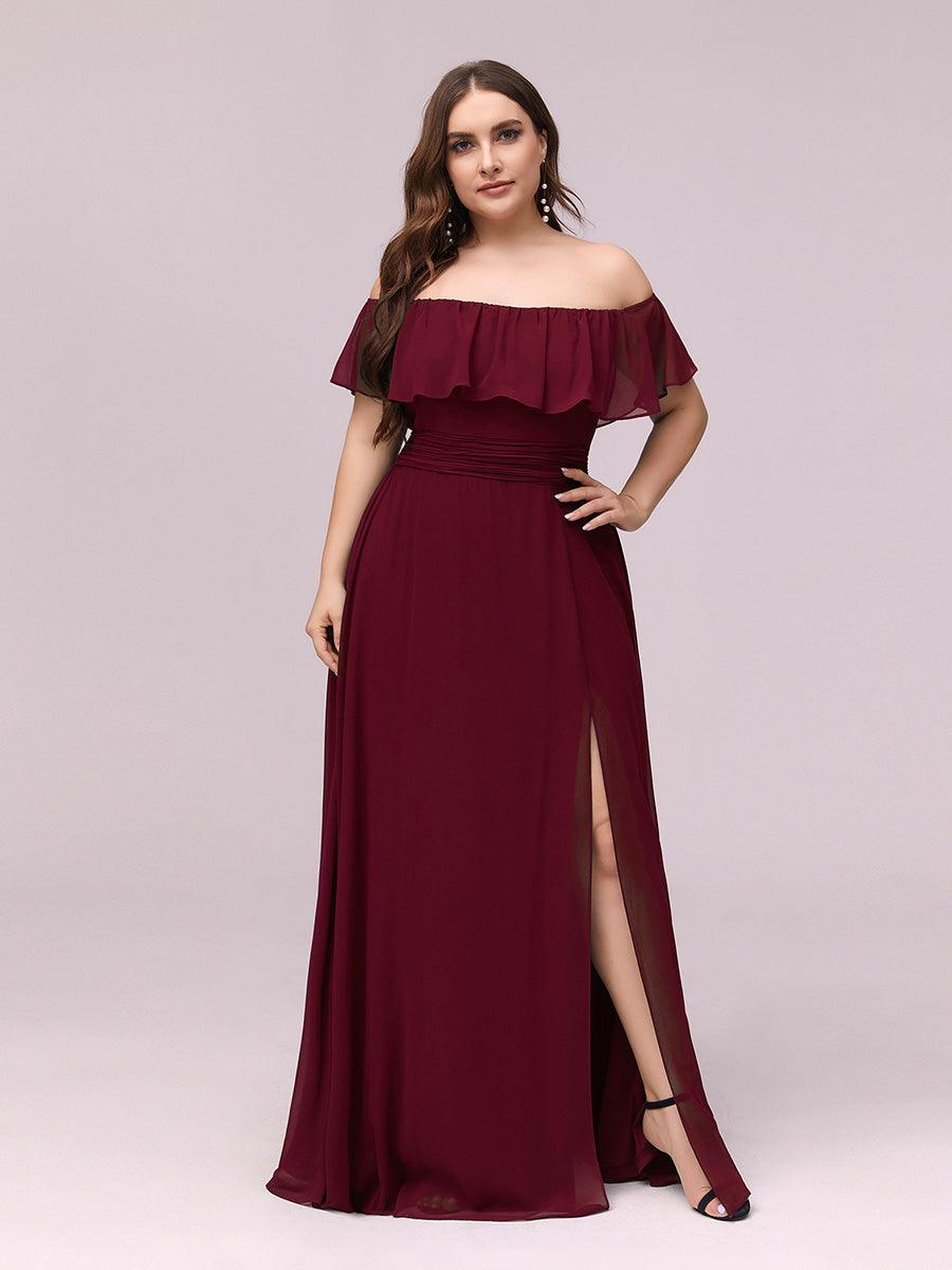 Robe demoiselle dhonneur décolletées à volants et fentes à la cuisse pour femmes #Couleur_Bordeaux