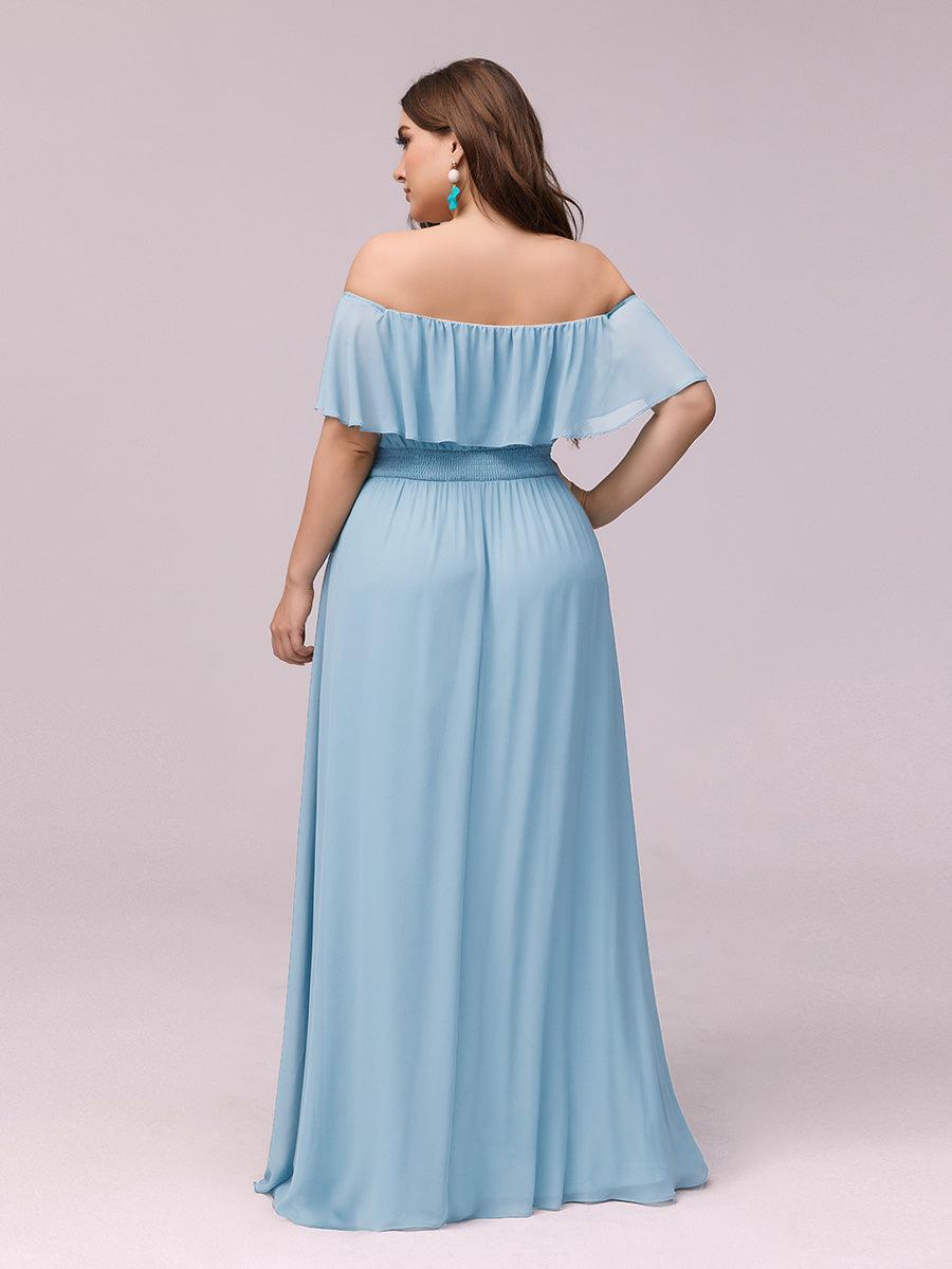 Robe de soirée grande taille à volants et épaules dénudéess #Couleur_Bleu Ciel