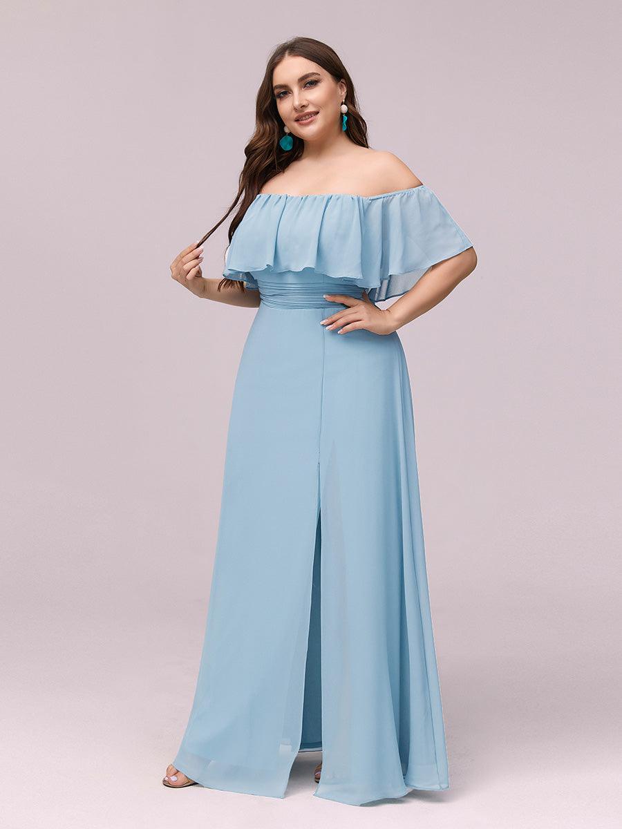 Robe de soirée grande taille à volants et épaules dénudéess #Couleur_Bleu Ciel