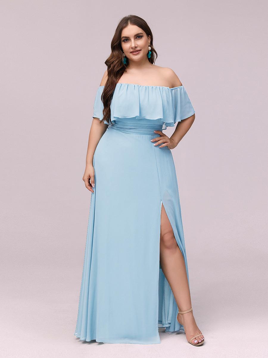Robe de soirée grande taille à volants et épaules dénudéess #Couleur_Bleu Ciel
