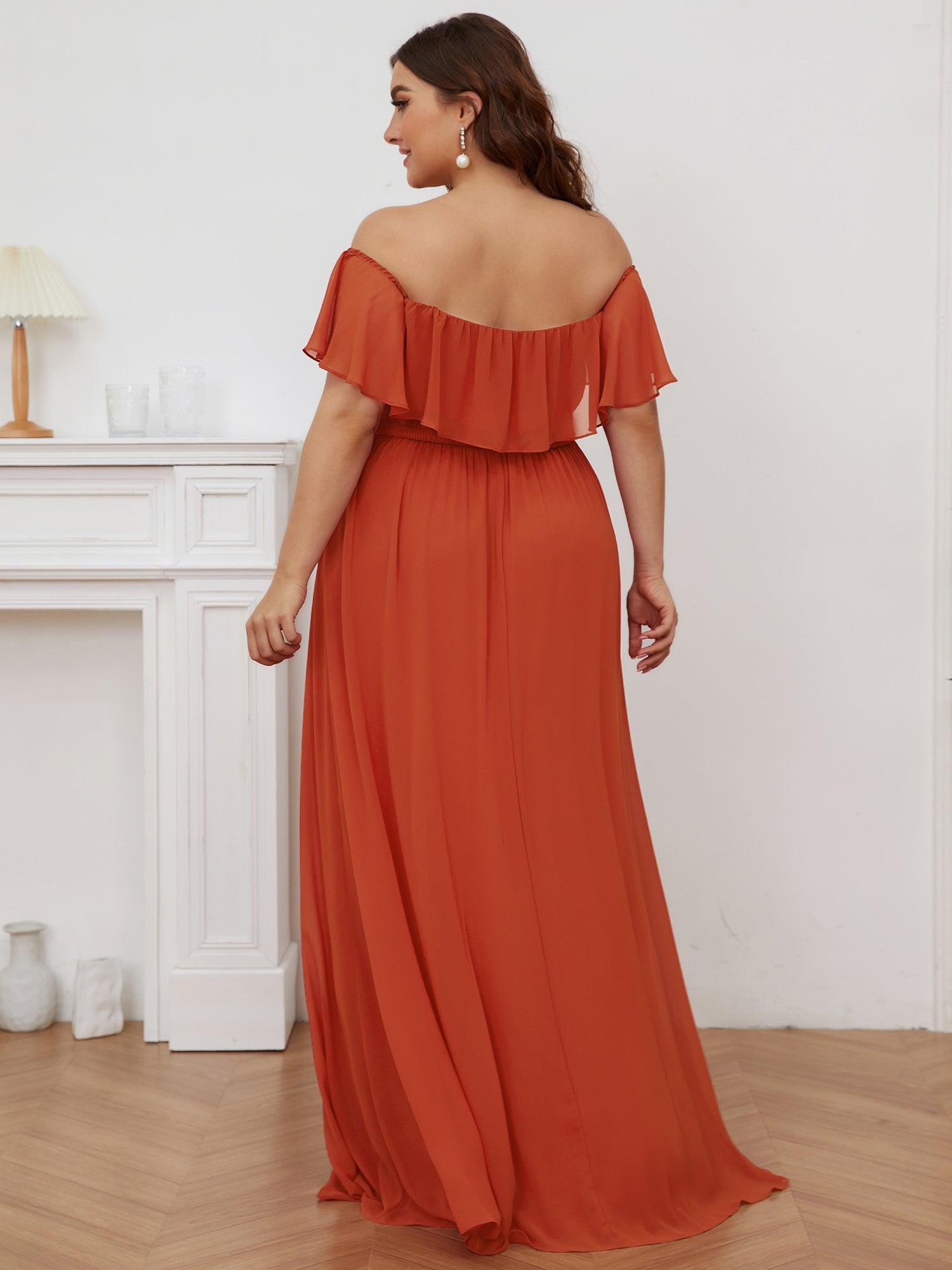 Robe de soirée grande taille à volants et épaules dénudéess #Couleur_Burnt orange