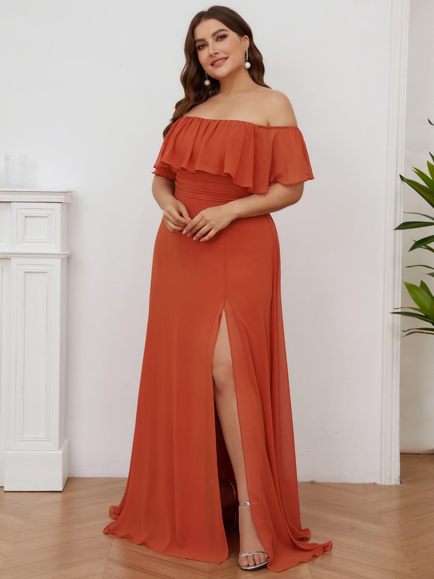 Robe de soirée grande taille à volants et épaules dénudéess #Couleur_Burnt orange