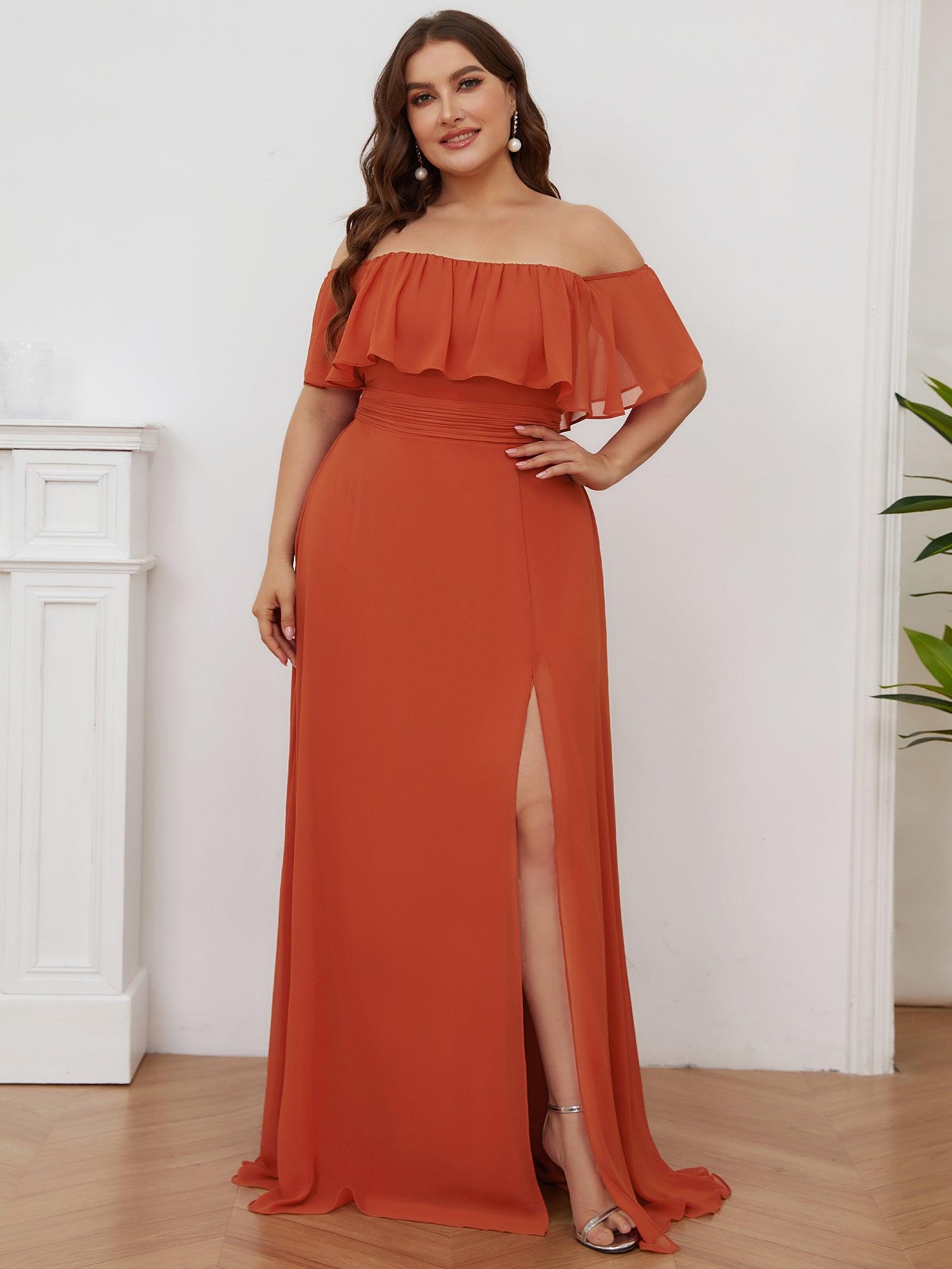 Robe de soirée grande taille à volants et épaules dénudéess #Couleur_Burnt orange