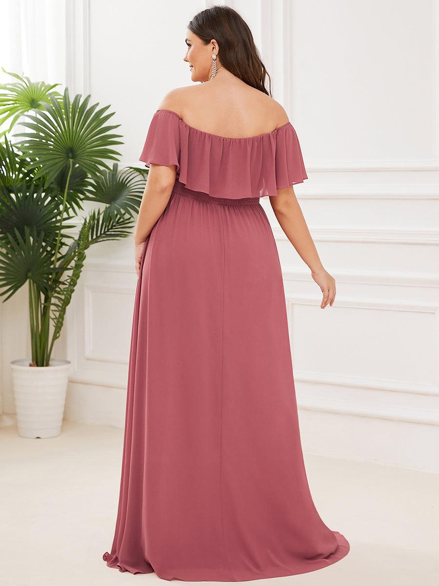 Grande talle Robe de demoiselle d'honneur à volants et épaules dénudées #Couleur_Rose corail