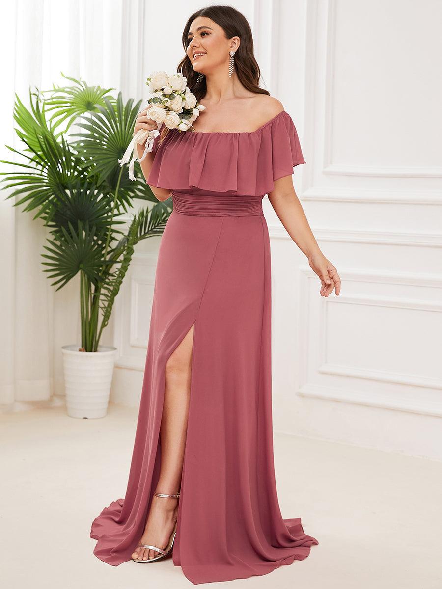 Grande talle Robe de demoiselle d'honneur à volants et épaules dénudées #Couleur_Rose corail