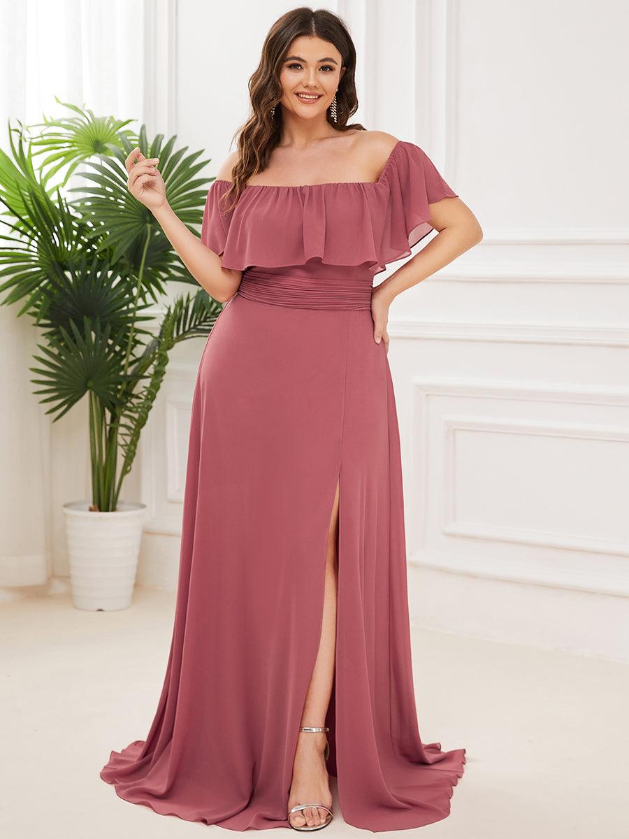 Grande talle Robe de demoiselle d'honneur à volants et épaules dénudées #Couleur_Rose corail
