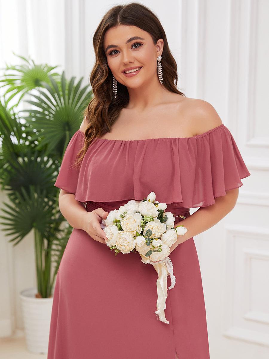 Grande talle Robe de demoiselle d'honneur à volants et épaules dénudées #Couleur_Rose corail