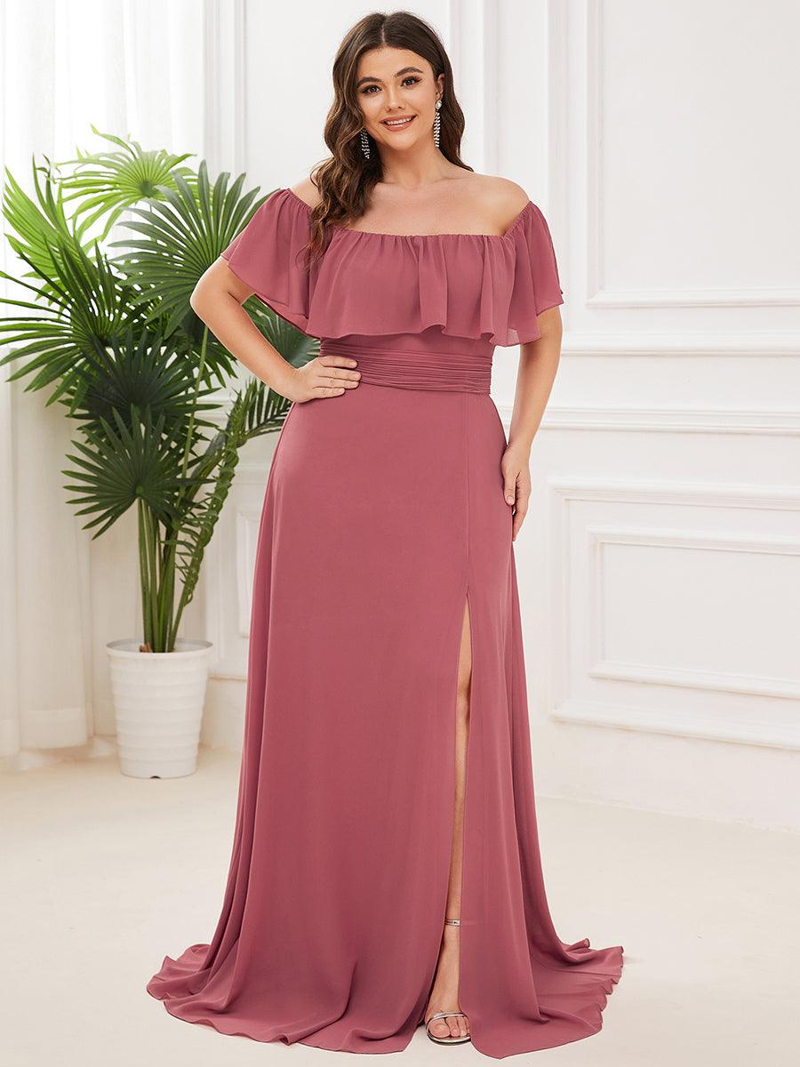 Grande talle Robe de demoiselle d'honneur à volants et épaules dénudées #Couleur_Rose corail