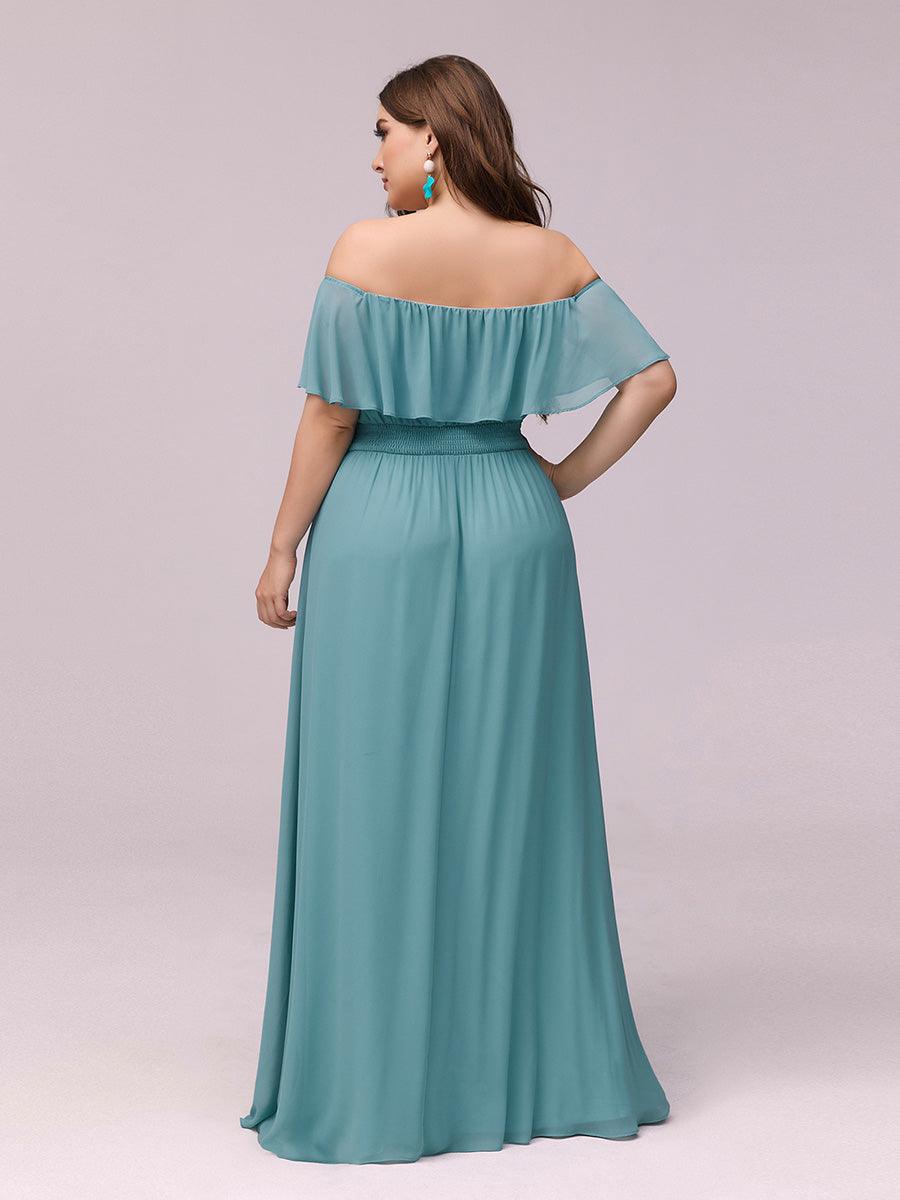 Robe de soirée grande taille à volants et épaules dénudéess #Couleur_Bleu Fume
