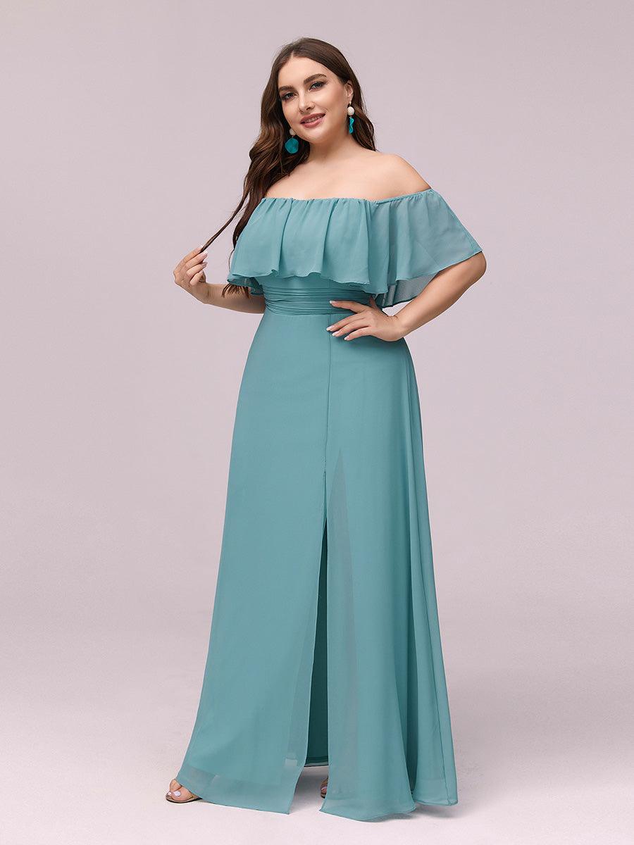Robe de soirée grande taille à volants et épaules dénudéess #Couleur_Bleu Fume
