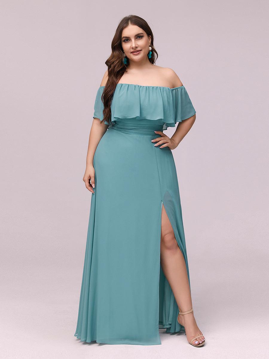 Robe de soirée grande taille à volants et épaules dénudéess #Couleur_Bleu Fume