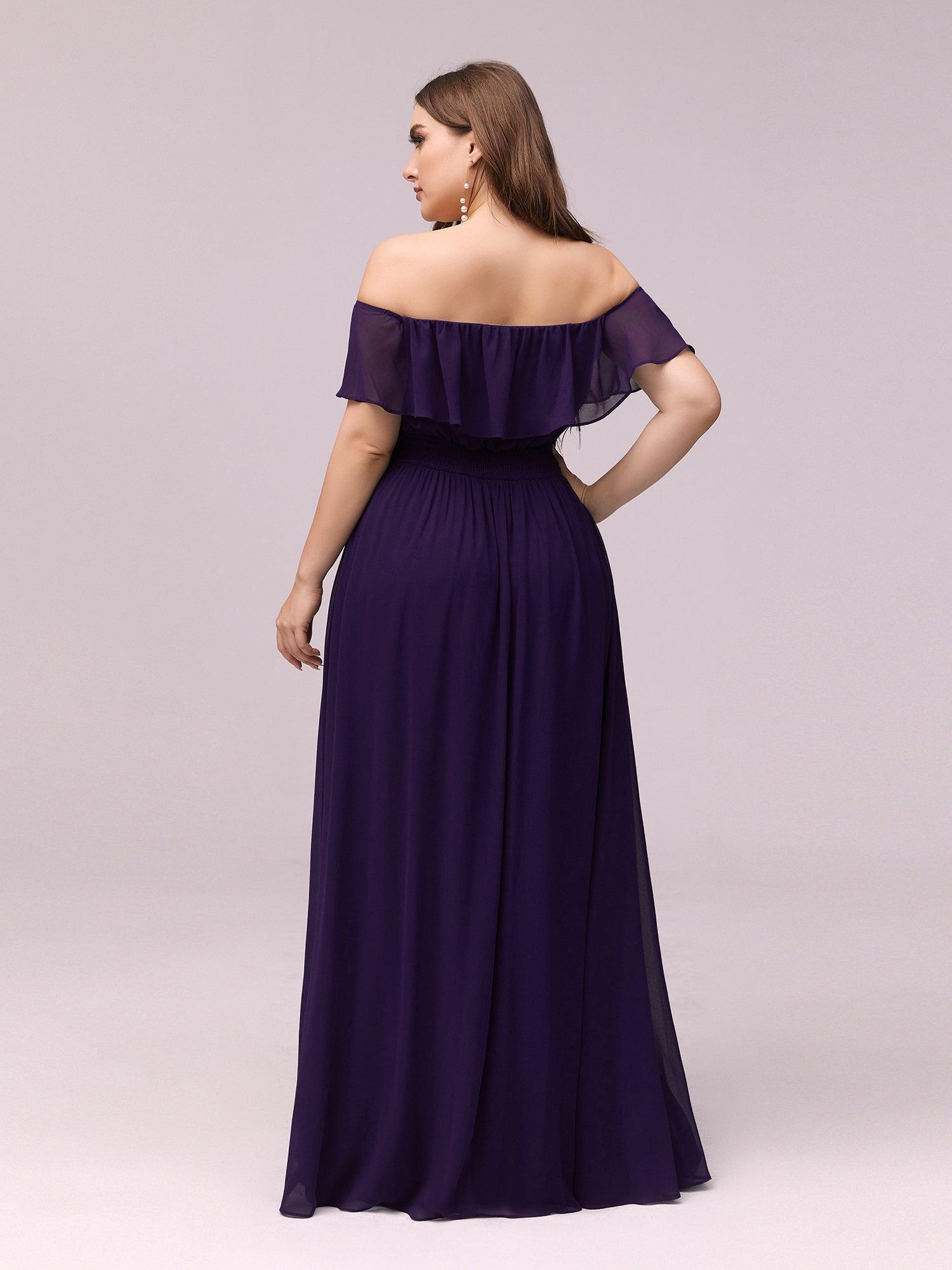 Robe de soirée grande taille à volants et épaules dénudéess #Couleur_Violet Fonce